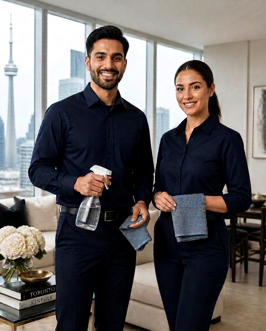 Two professional Infinity cleaners in navy uniforms with cleaning tools in a bright Toronto condo